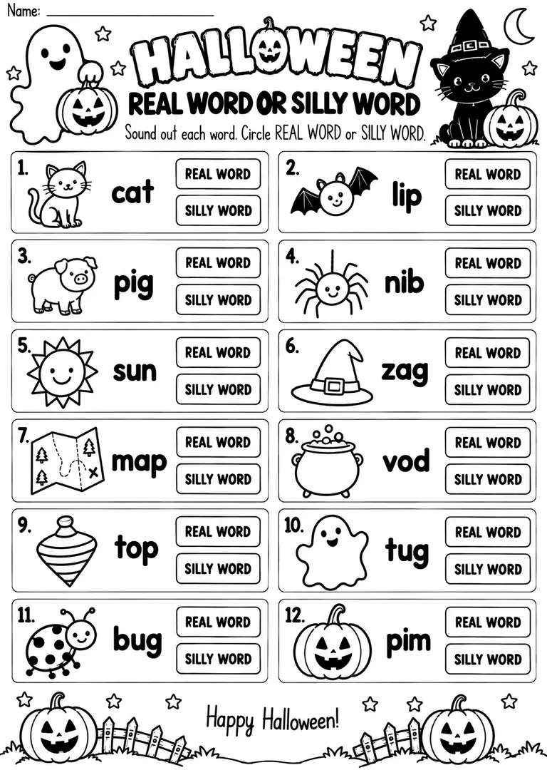 HALLOWEEN REAL WORD OR SILLY WORD for Kindergarten, 1st Grade