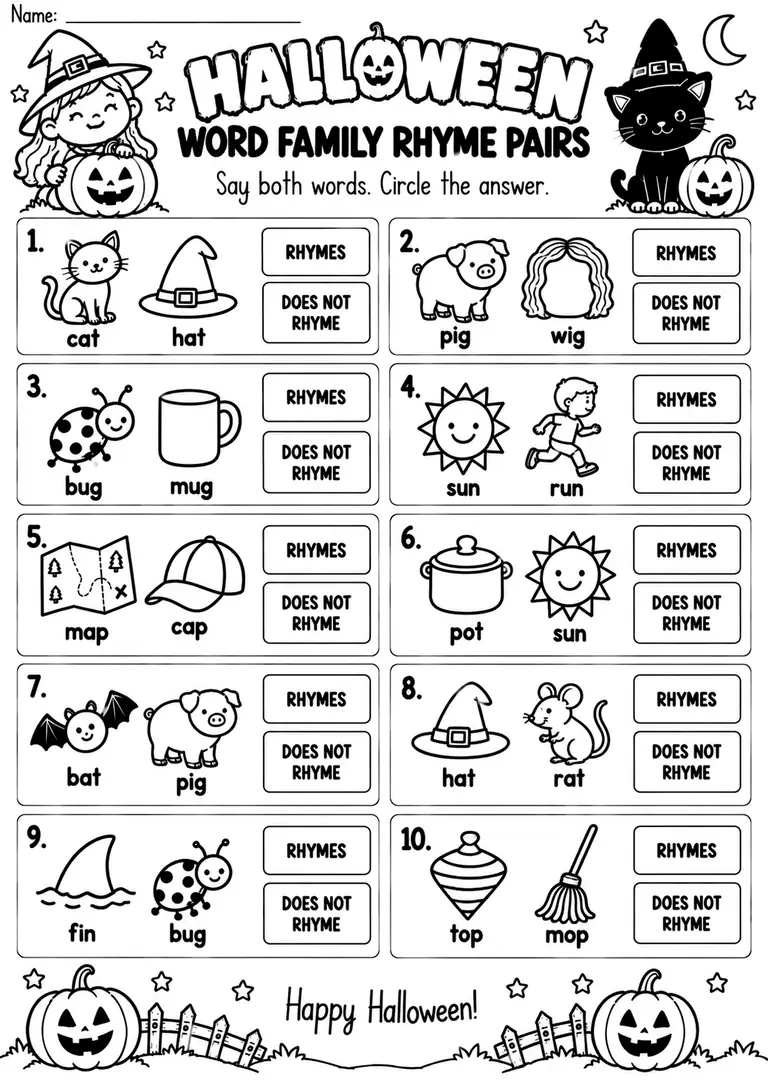 HALLOWEEN WORD FAMILY RHYME PAIRS for Kindergarten, 1st Grade