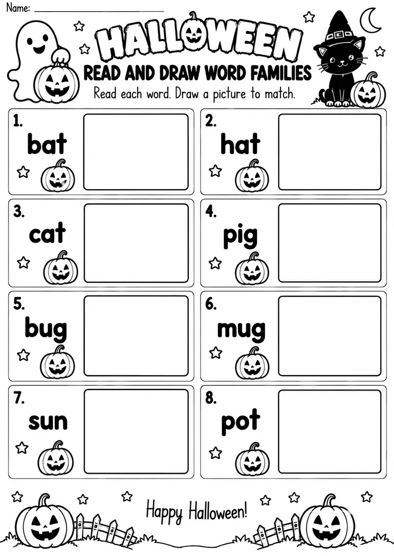 HALLOWEEN READ AND DRAW WORD FAMILIES for Kindergarten, 1st Grade