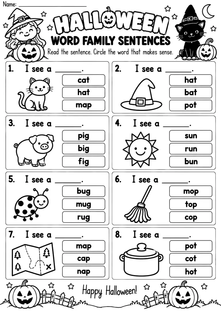 HALLOWEEN WORD FAMILY SENTENCES for Kindergarten, 1st Grade