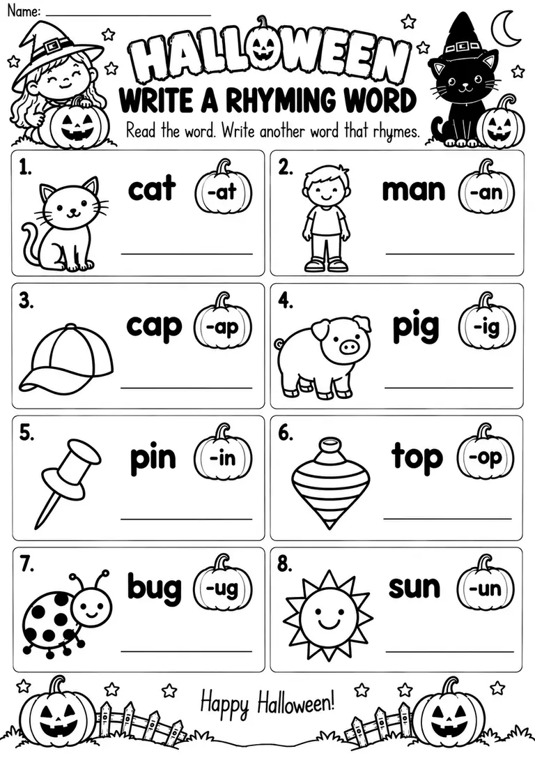 HALLOWEEN WRITE A RHYMING WORD for Kindergarten, 1st Grade