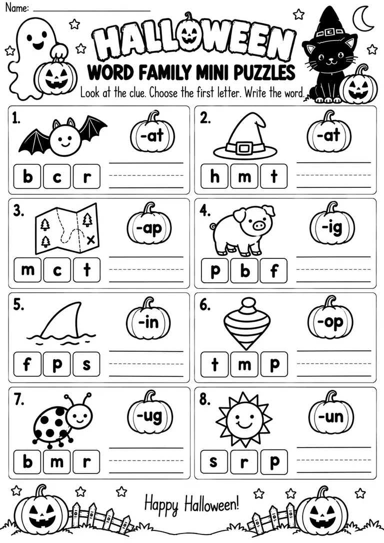 HALLOWEEN WORD FAMILY MINI PUZZLES for Kindergarten, 1st Grade