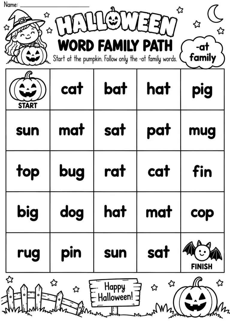 HALLOWEEN WORD FAMILY PATH for Kindergarten, 1st Grade