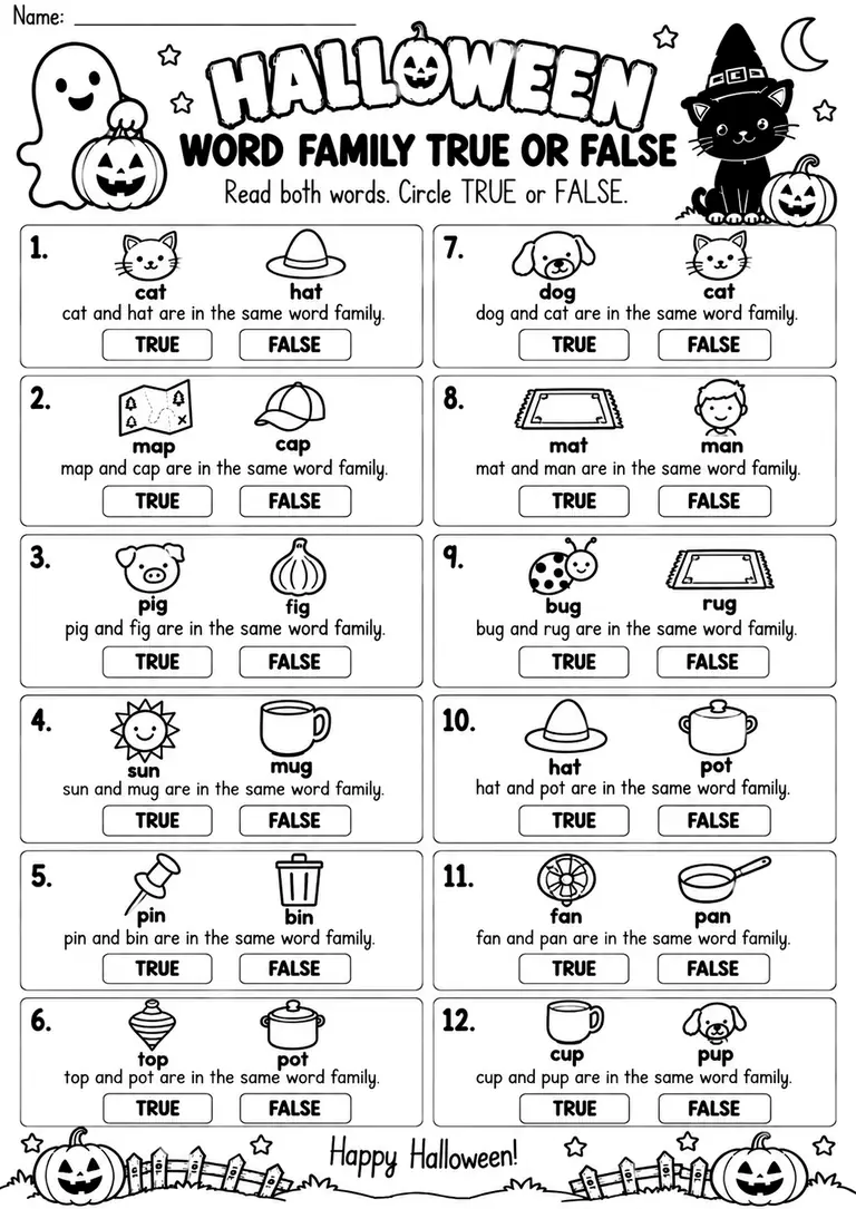 HALLOWEEN WORD FAMILY TRUE OR FALSE for Kindergarten, 1st Grade