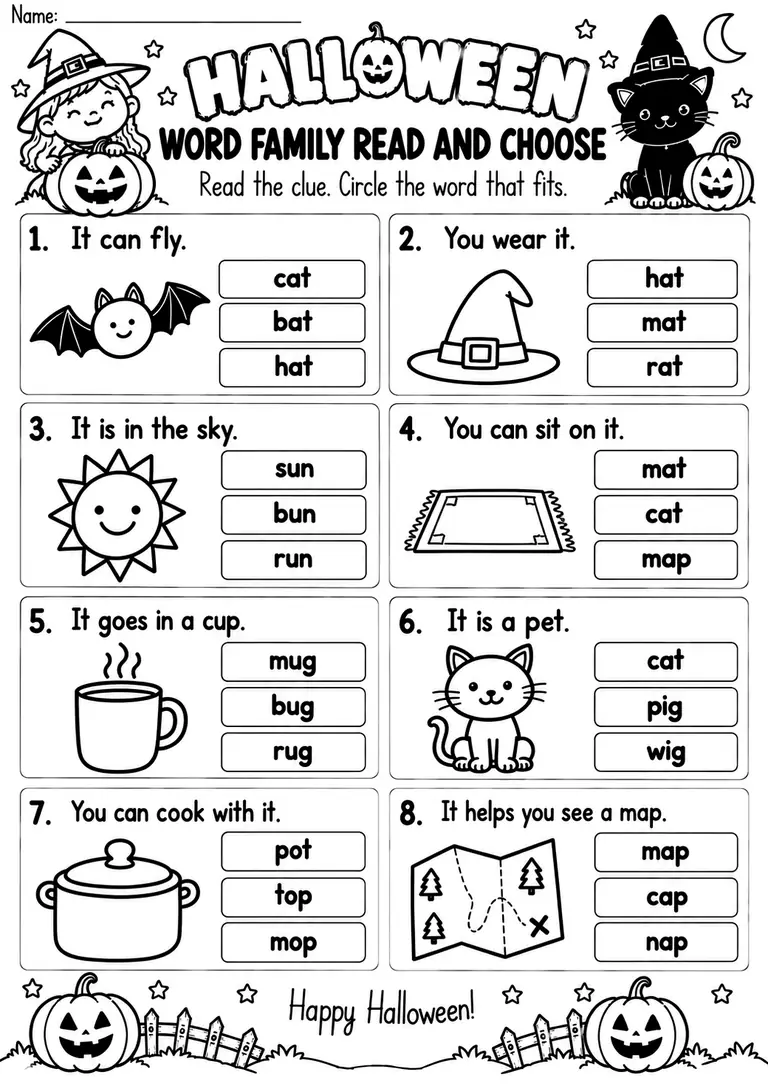 HALLOWEEN WORD FAMILY READ AND CHOOSE for Kindergarten, 1st Grade