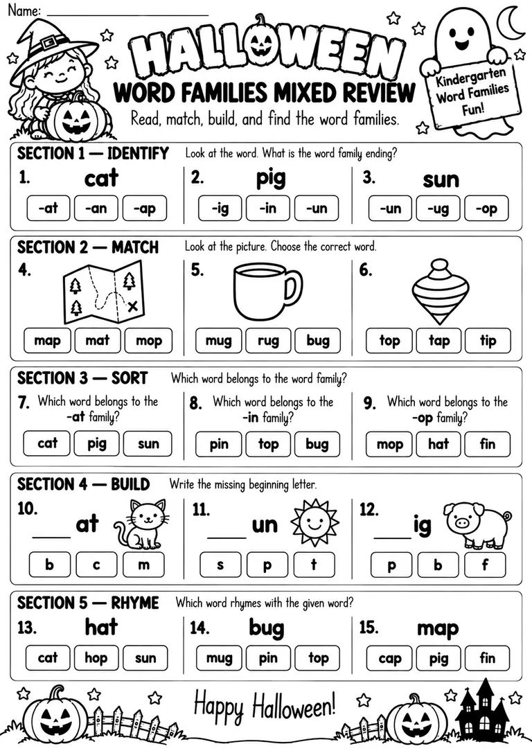 HALLOWEEN WORD FAMILIES MIXED REVIEW for Kindergarten, 1st Grade