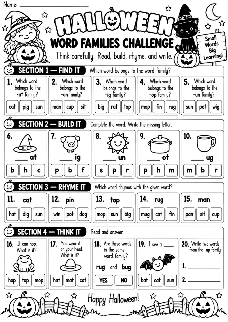 HALLOWEEN WORD FAMILIES CHALLENGE for Kindergarten, 1st Grade