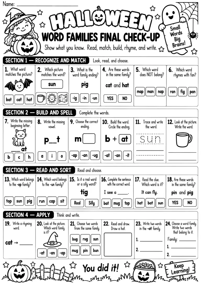 HALLOWEEN WORD FAMILIES FINAL CHECK-UP for Kindergarten, 1st Grade