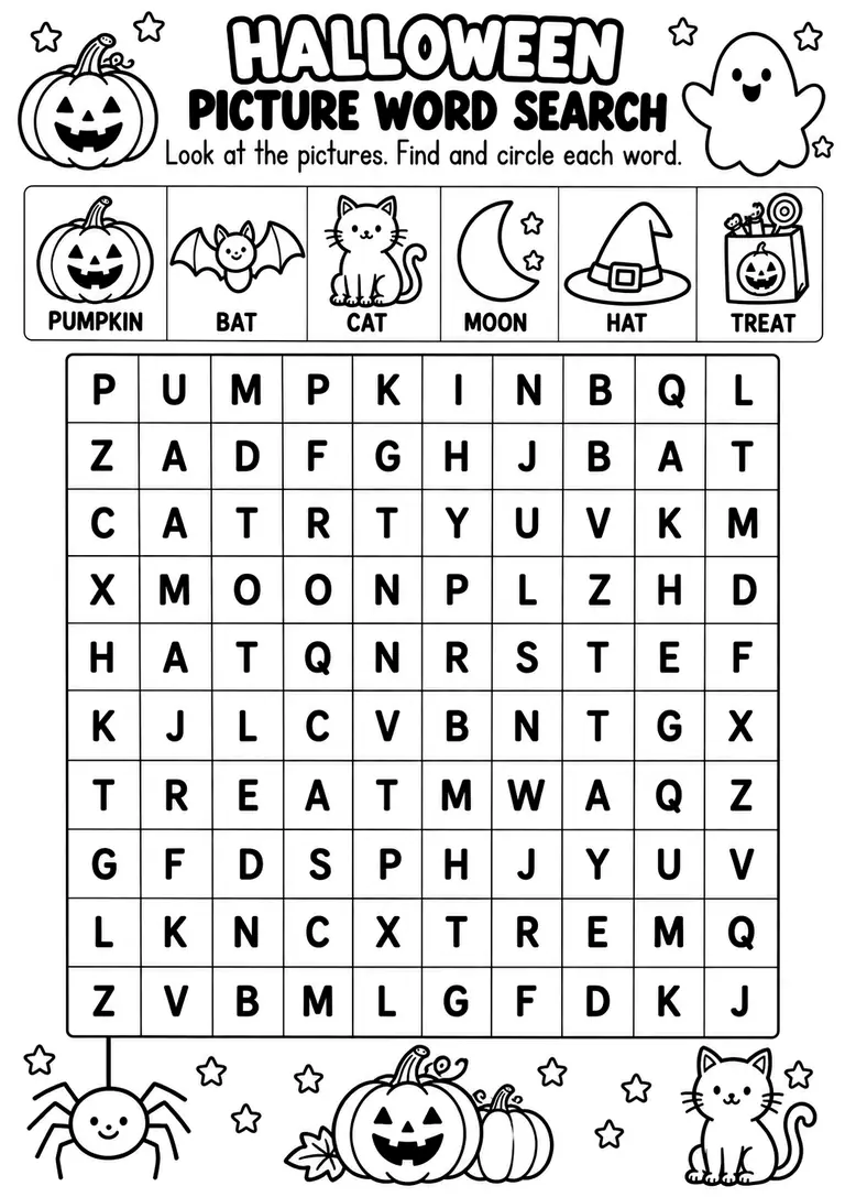 Halloween Picture Word Search for Kindergarten, 1st Grade, 2nd Grade