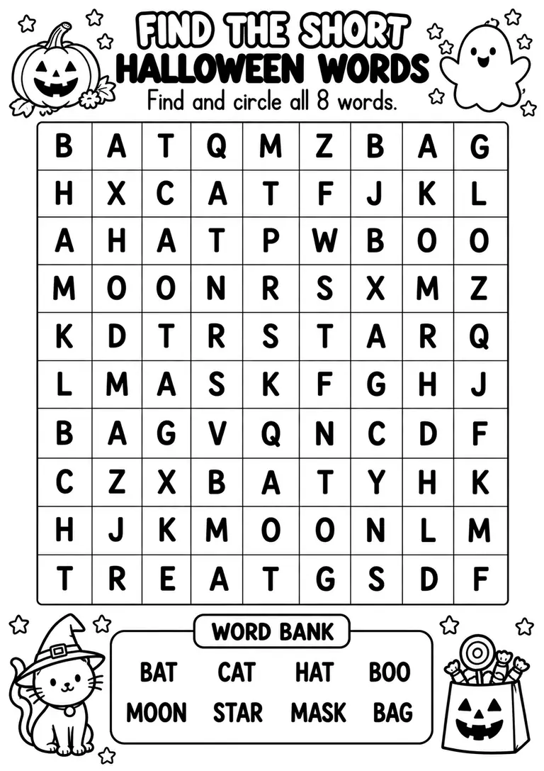 Find the Short Halloween Words for Kindergarten, 1st Grade, 2nd Grade