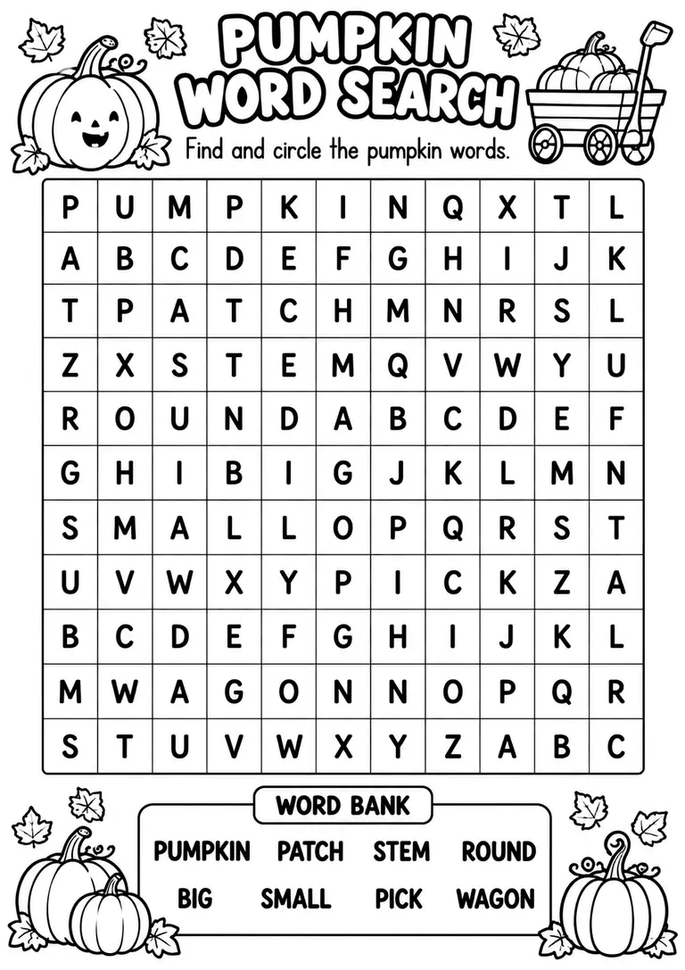 Pumpkin Word Search for Kindergarten, 1st Grade, 2nd Grade
