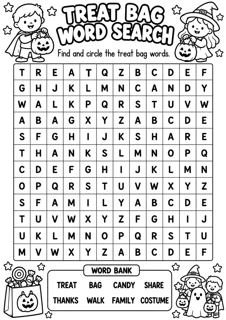 Treat Bag Word Search for Kindergarten, 1st Grade, 2nd Grade