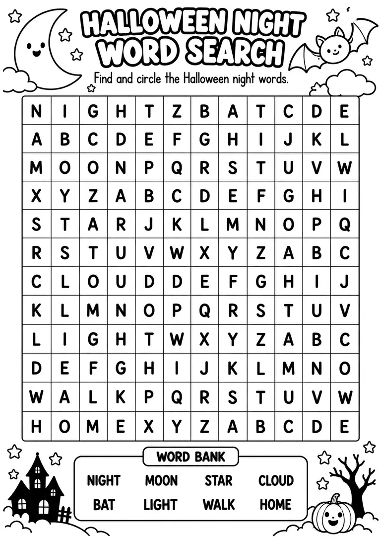Halloween Night Word Search for Kindergarten, 1st Grade, 2nd Grade