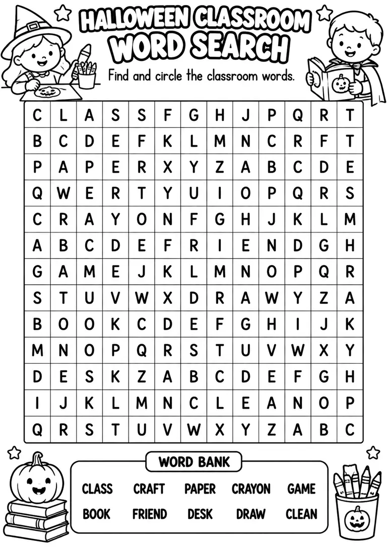 Halloween Classroom Word Search for Kindergarten, 1st Grade, 2nd Grade