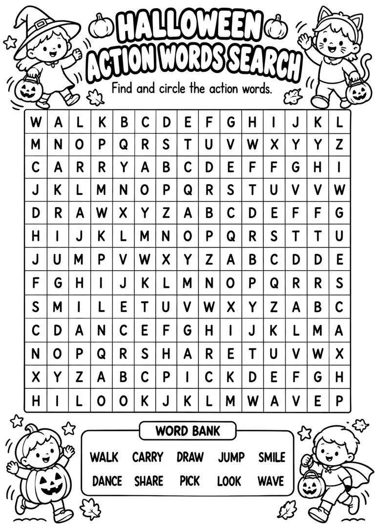 Halloween Action Words Search for Kindergarten, 1st Grade, 2nd Grade