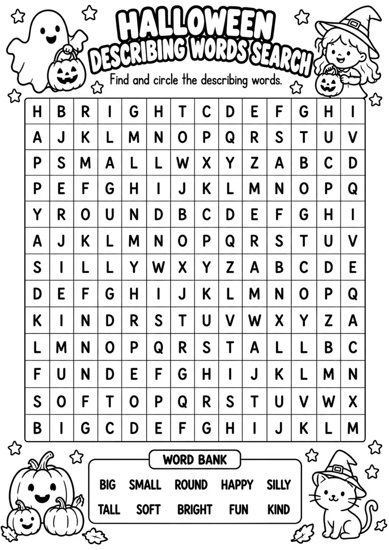 Halloween Describing Words Search for Kindergarten, 1st Grade, 2nd Grade