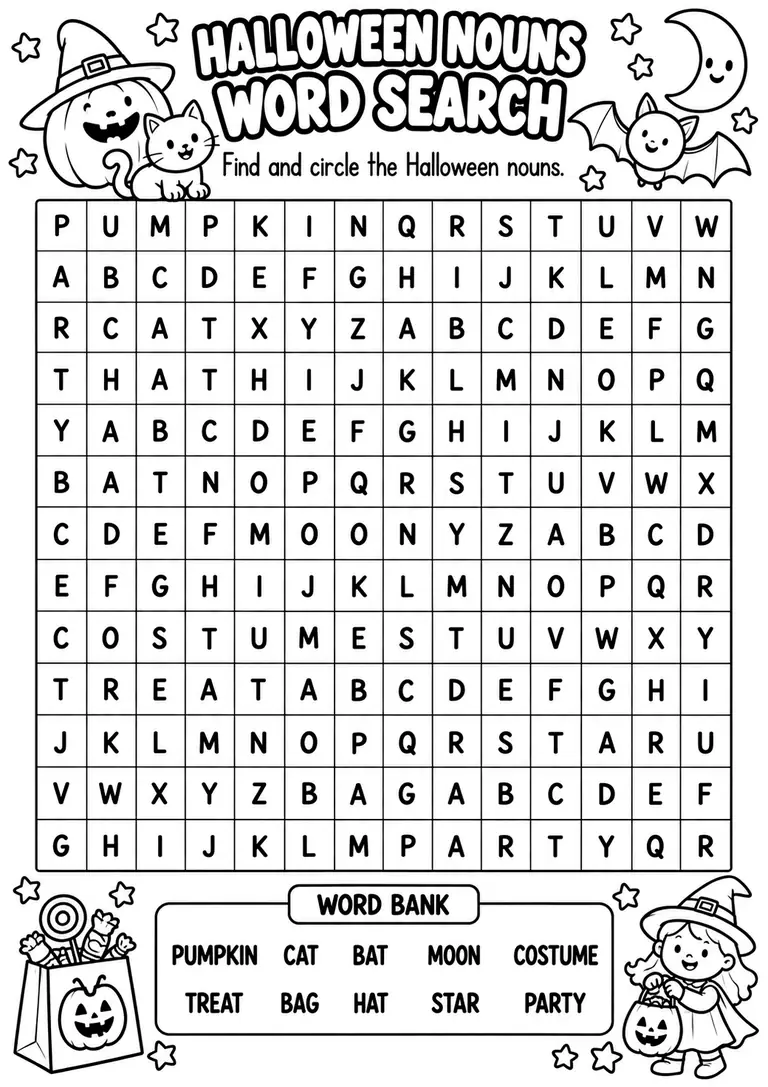 Halloween Nouns Word Search for Kindergarten, 1st Grade, 2nd Grade