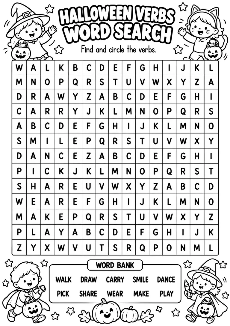 Halloween Verbs Word Search for Kindergarten, 1st Grade, 2nd Grade