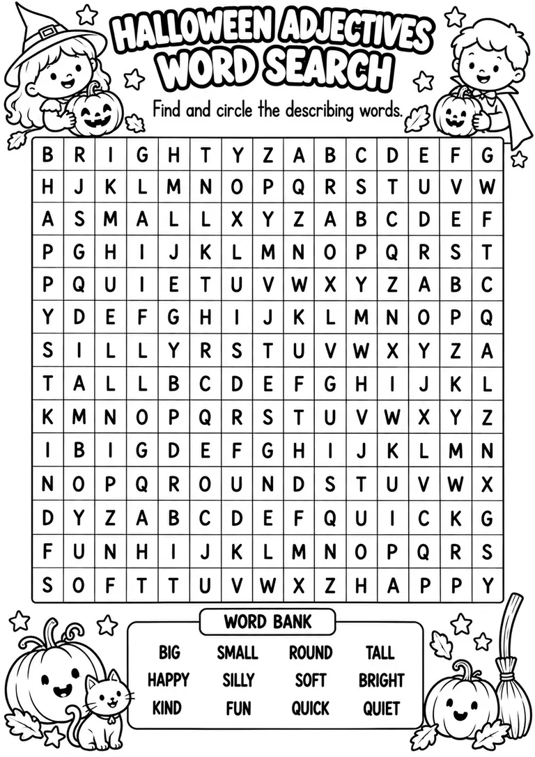 Halloween Adjectives Word Search for Kindergarten, 1st Grade, 2nd Grade