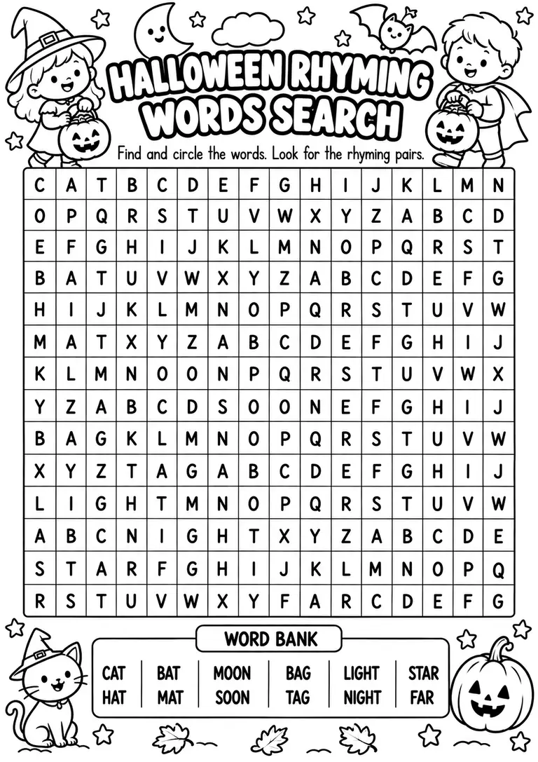 Halloween Rhyming Words Search for Kindergarten, 1st Grade, 2nd Grade