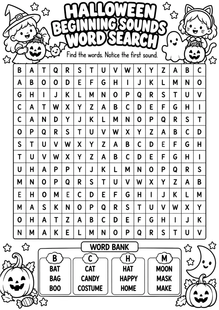 Halloween Beginning Sounds Word Search for Kindergarten, 1st Grade, 2nd Grade