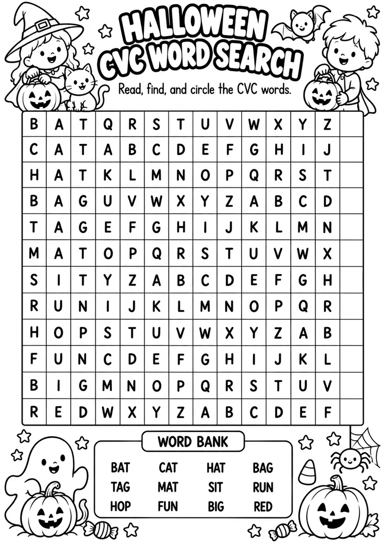 Halloween CVC Word Search for Kindergarten, 1st Grade, 2nd Grade