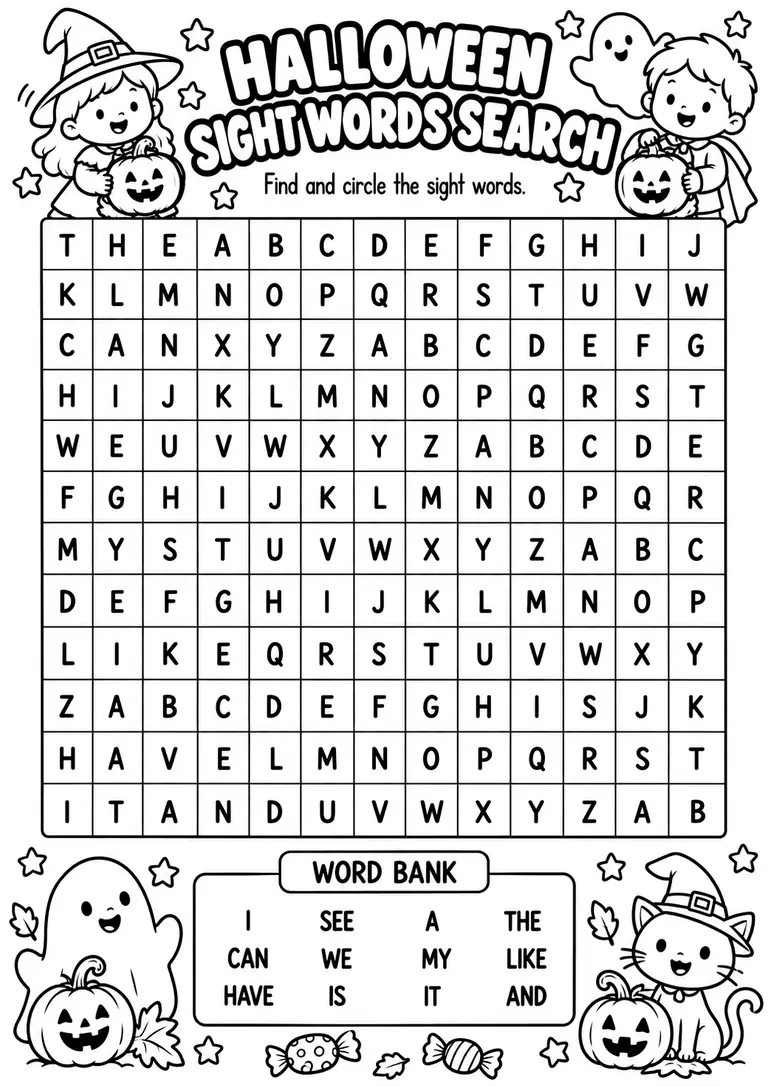 Halloween Sight Words Search for Kindergarten, 1st Grade, 2nd Grade