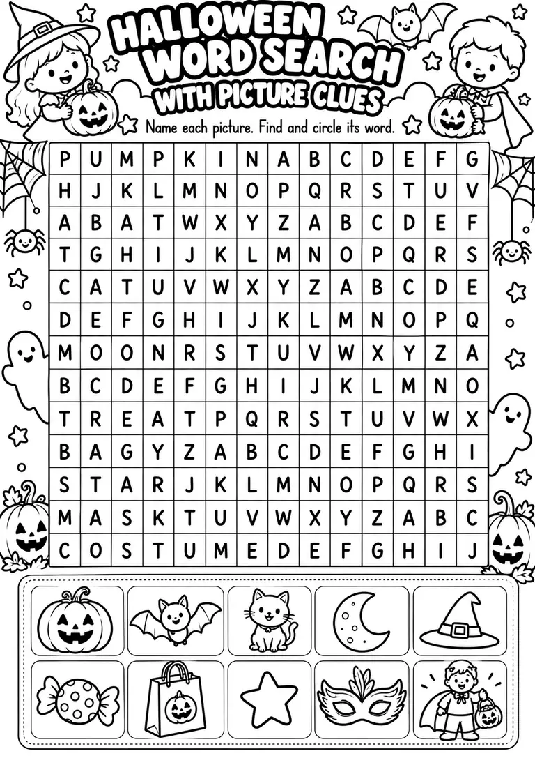 Halloween Word Search with Picture Clues for Kindergarten, 1st Grade, 2nd Grade