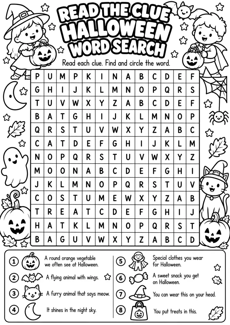 Read the Clue Halloween Word Search for Kindergarten, 1st Grade, 2nd Grade