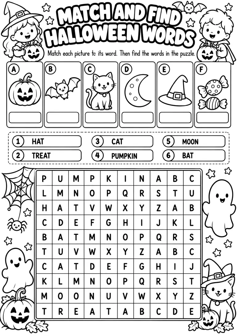 Match and Find Halloween Words for Kindergarten, 1st Grade, 2nd Grade