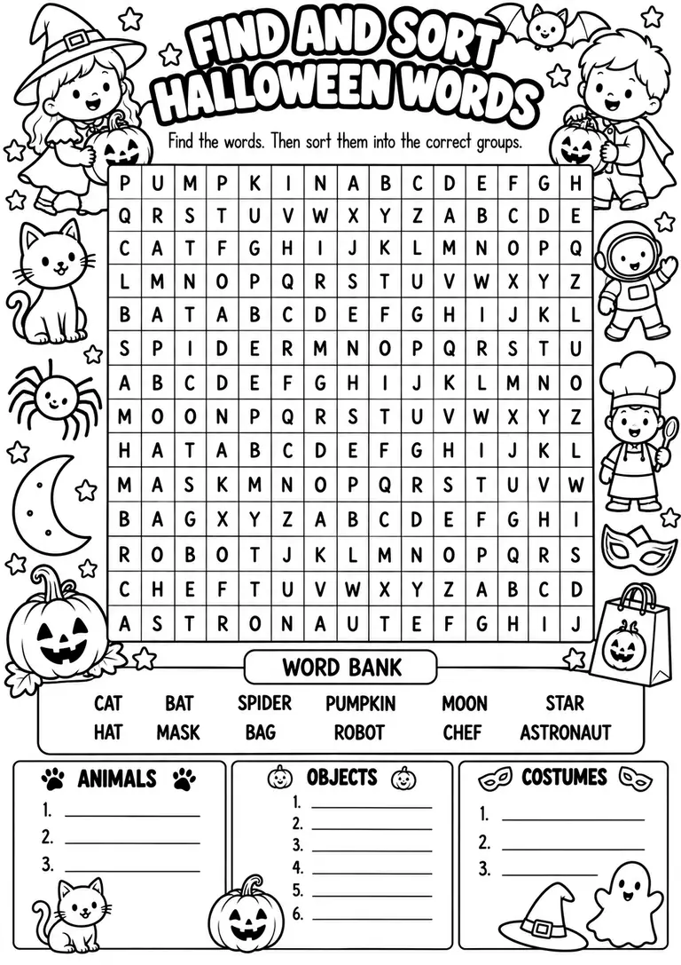 Find and Sort Halloween Words for Kindergarten, 1st Grade, 2nd Grade
