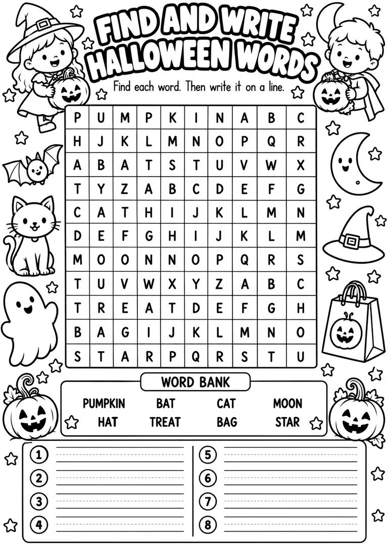 Find and Write Halloween Words for Kindergarten, 1st Grade, 2nd Grade