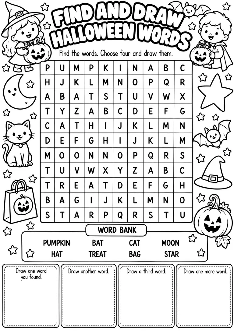 Find and Draw Halloween Words for Kindergarten, 1st Grade, 2nd Grade