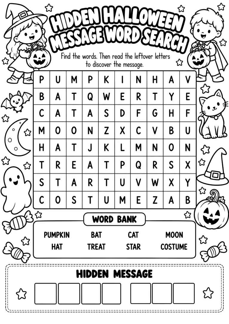 Hidden Halloween Message Word Search for Kindergarten, 1st Grade, 2nd Grade