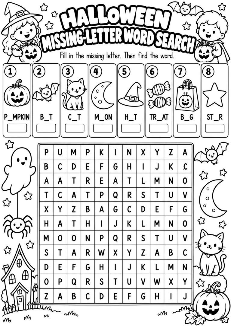 Halloween Missing-Letter Word Search for Kindergarten, 1st Grade, 2nd Grade