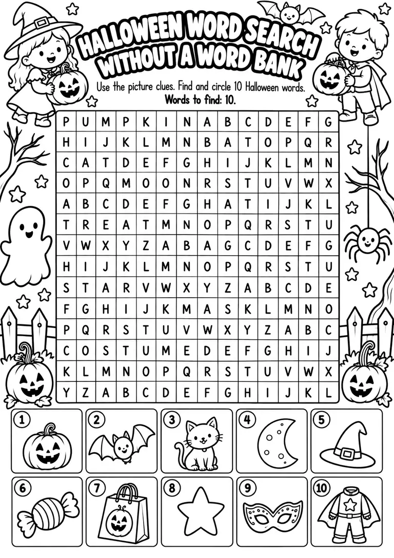 Halloween Word Search Without a Word Bank for Kindergarten, 1st Grade, 2nd Grade