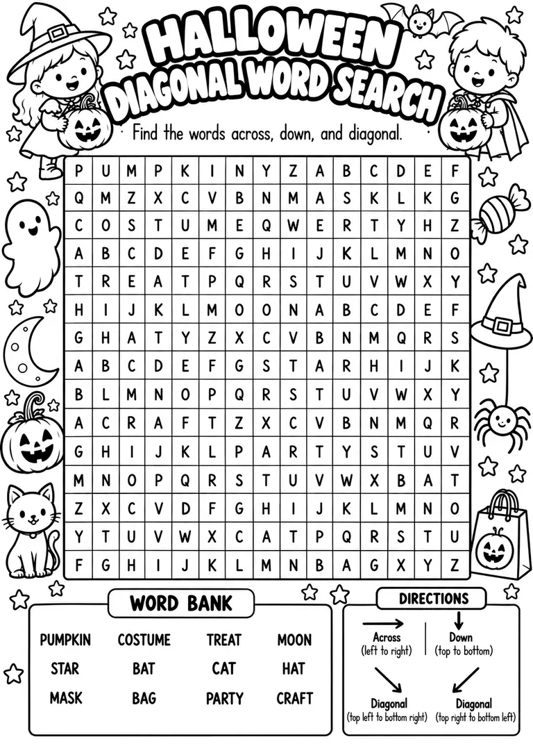 Halloween Diagonal Word Search for Kindergarten, 1st Grade, 2nd Grade