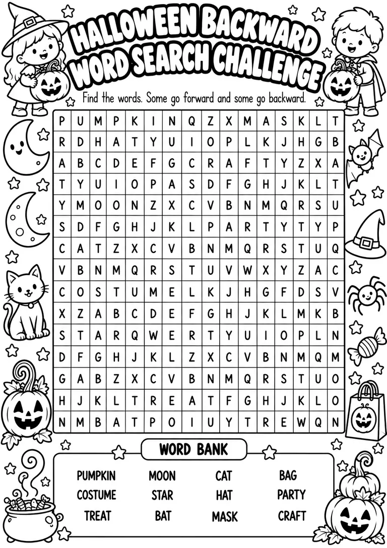 Halloween Backward Word Search Challenge for Kindergarten, 1st Grade, 2nd Grade