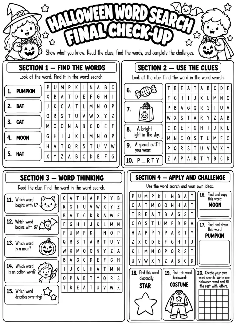 Halloween Word Search Final Check-Up for Kindergarten, 1st Grade, 2nd Grade