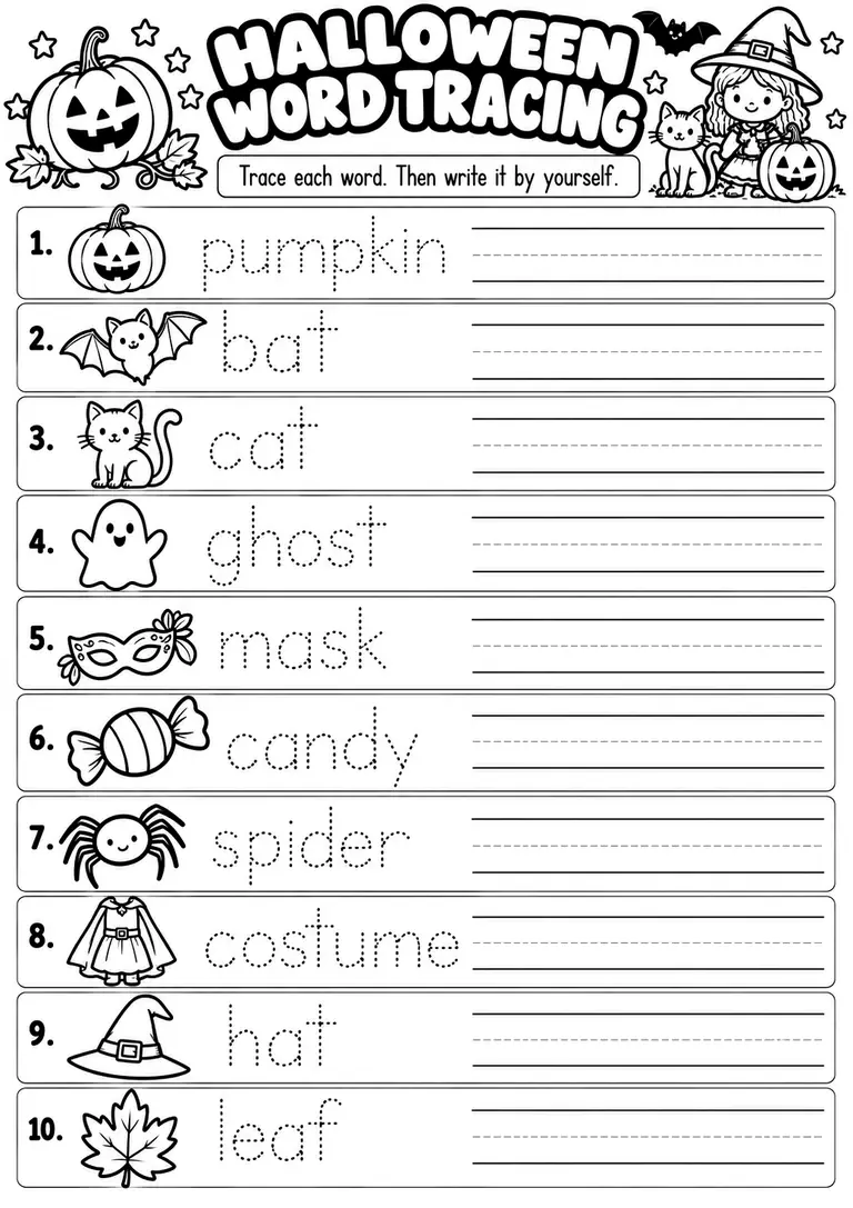 HALLOWEEN WORD TRACING for Kindergarten, 1st Grade