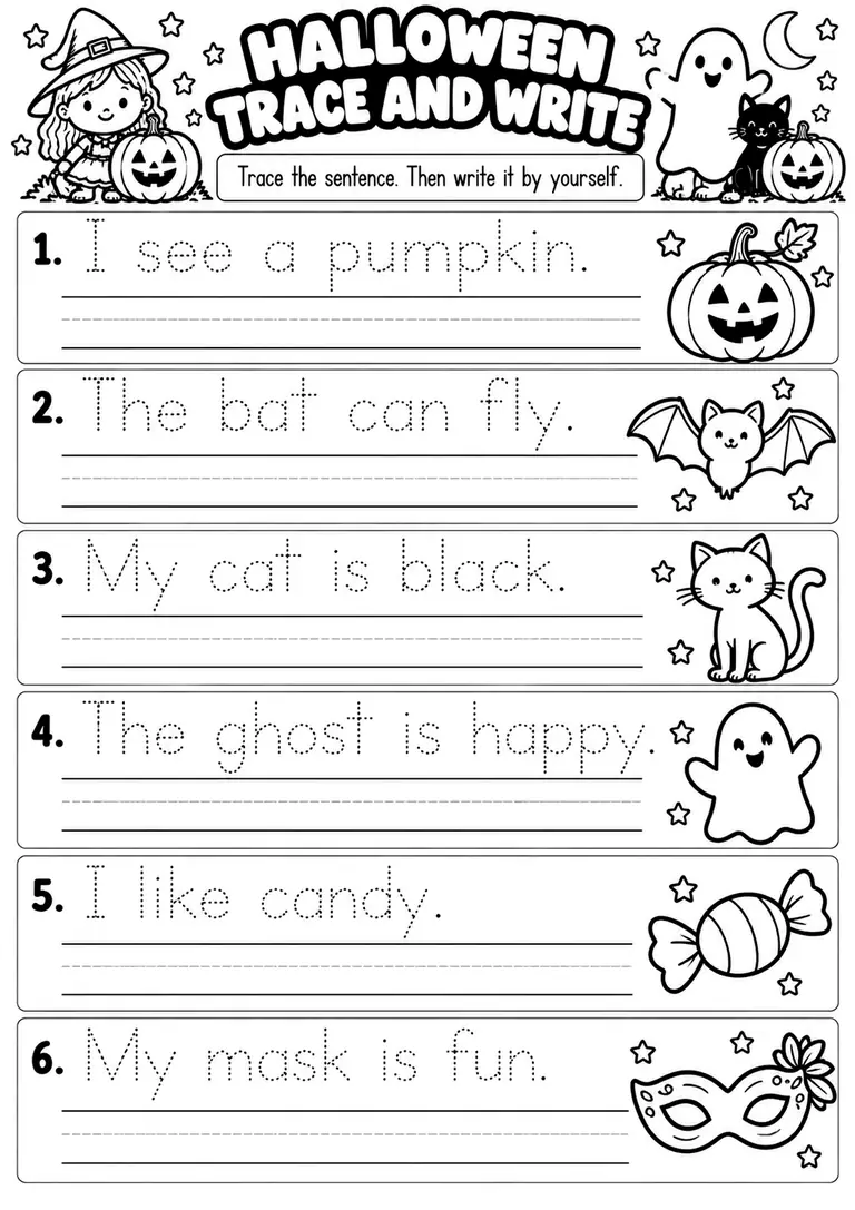 HALLOWEEN TRACE AND WRITE WORKSHEET for Kindergarten, 1st Grade