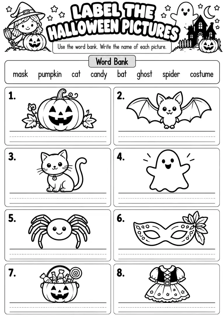 LABEL THE HALLOWEEN PICTURES WORKSHEET for Kindergarten, 1st Grade