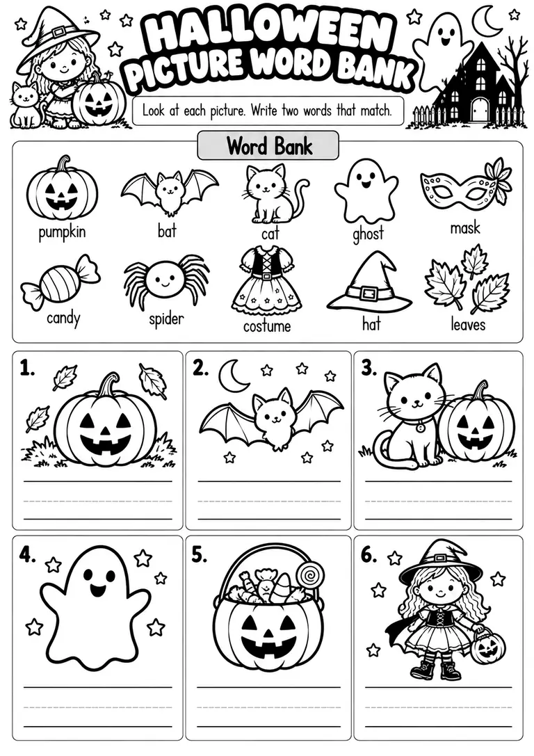 HALLOWEEN PICTURE WORD BANK for Kindergarten, 1st Grade