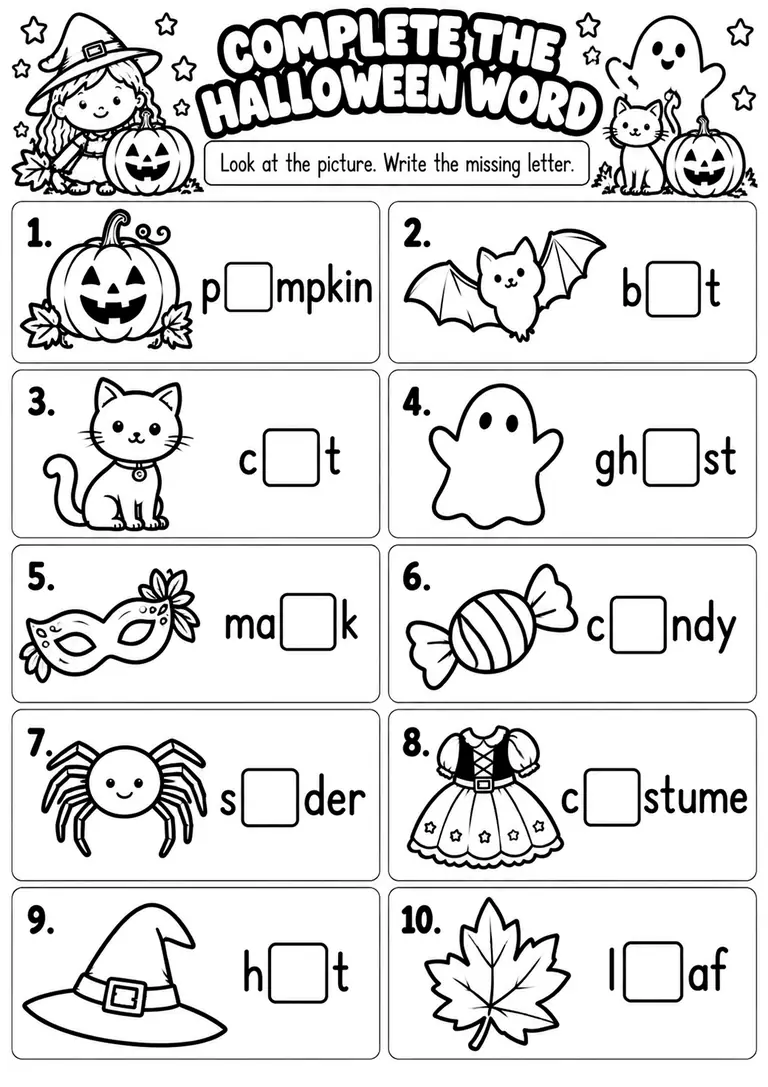 COMPLETE THE HALLOWEEN WORD for Kindergarten, 1st Grade