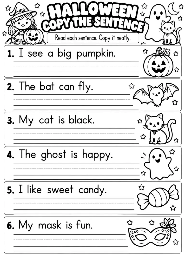 HALLOWEEN COPY THE SENTENCE for Kindergarten, 1st Grade