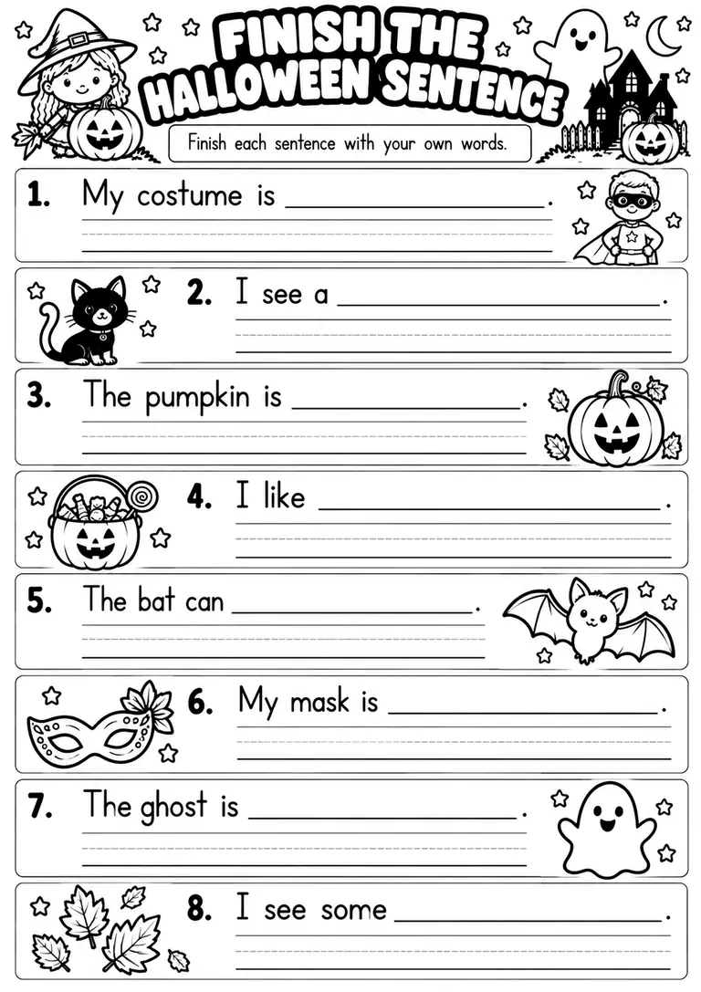 FINISH THE HALLOWEEN SENTENCE for Kindergarten, 1st Grade