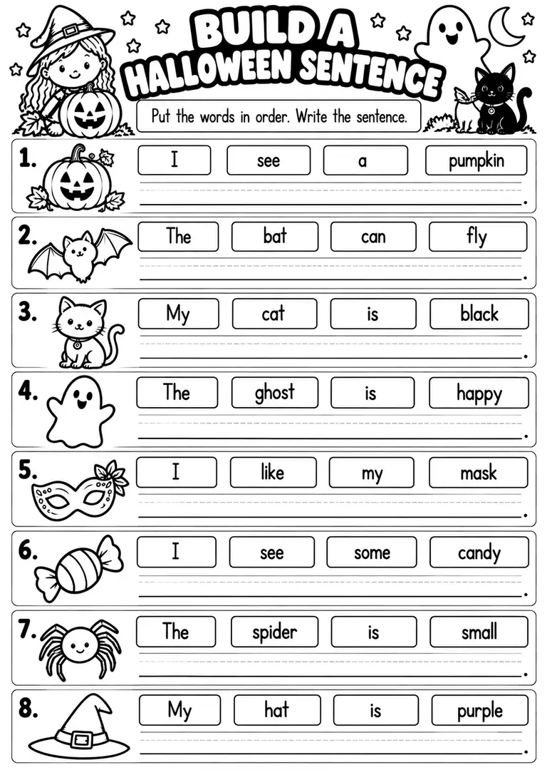 BUILD A HALLOWEEN SENTENCE for Kindergarten, 1st Grade