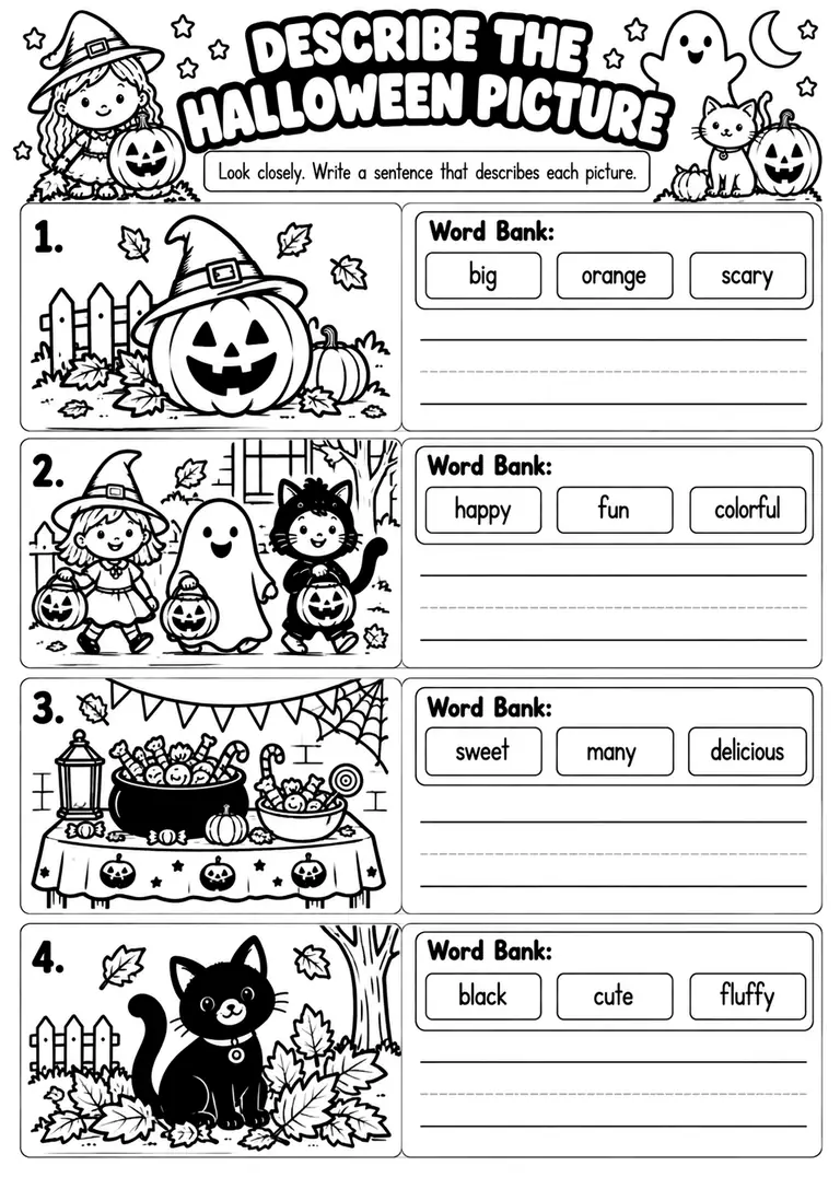 DESCRIBE THE HALLOWEEN PICTURE for Kindergarten, 1st Grade