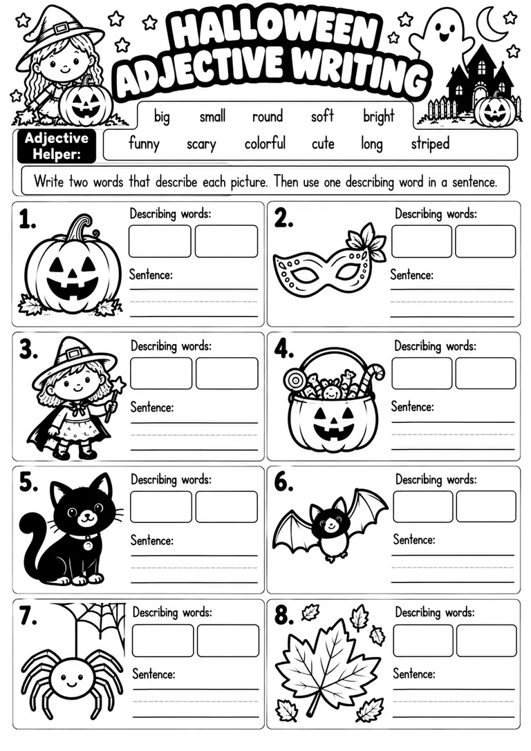 HALLOWEEN ADJECTIVE WRITING for Kindergarten, 1st Grade