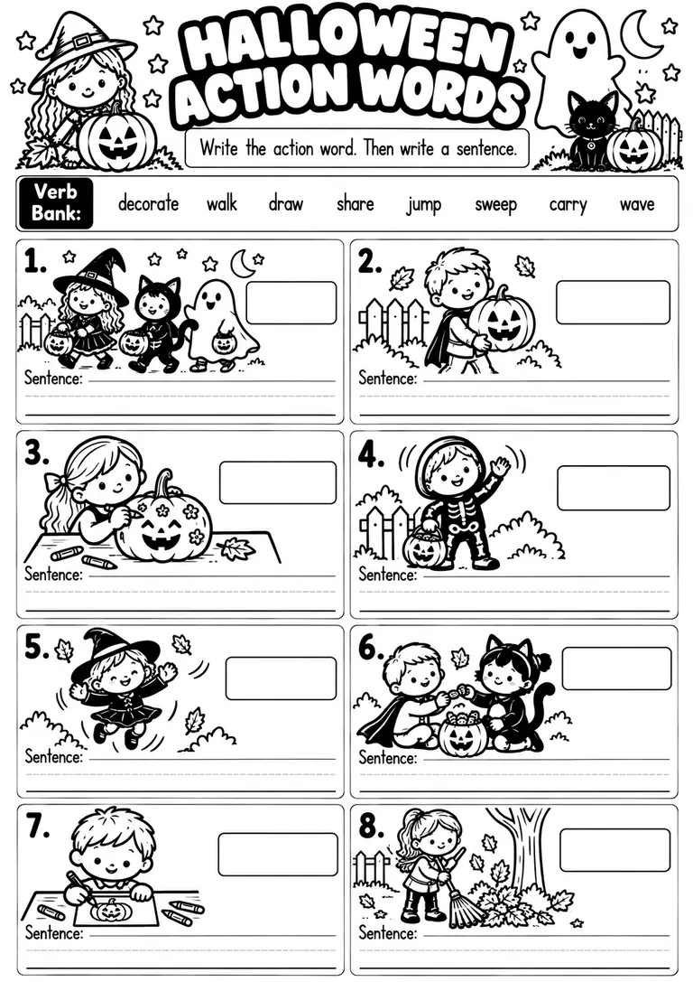 HALLOWEEN ACTION WORDS for Kindergarten, 1st Grade